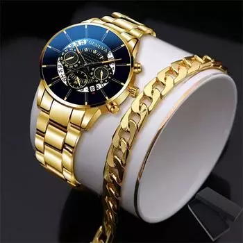 Комплект из 2 предметов, мужские модные часы Three Eyes Six Needle Business Watch Room Gold Steel Band Quartz Watch&Bracelet