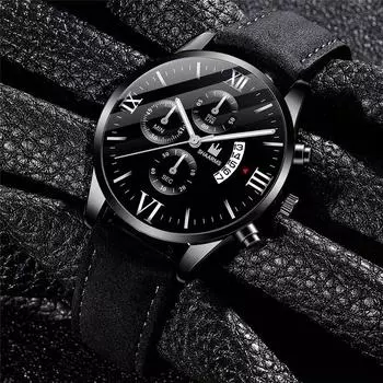 Комплект из 2 предметов, мужские модные часы, мужские новые роскошные кожаные кварцевые часы с календарем и черный кожаный кошелек, мужские подарки, лучший выбор