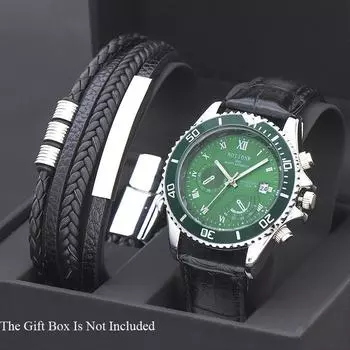 Комплект из 2 предметов, мужские модные наручные часы с зеленым циферблатом, кожаные кварцевые часы из нержавеющей стали, наручные часы с указателем, мужские спортивные браслеты, подарок для него