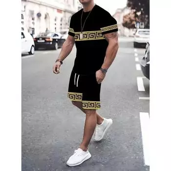 Комплект из 2 предметов: мужские шорты с коротким рукавом и винтажным принтом, летняя повседневная мужская футболка для спорта на открытом воздухе, мужские пляжные шорты 6XL