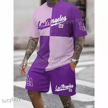 Комплект из 2 предметов, мужской костюм с принтом 3D Los Angeles, свободная одежда, шорты с коротким рукавом, мужской спортивный костюм, летний повседневный костюм XS