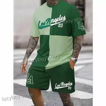 Комплект из 2 предметов, мужской костюм с принтом 3D Los Angeles, свободная одежда, шорты с коротким рукавом, мужской спортивный костюм, летний повседневный костюм S