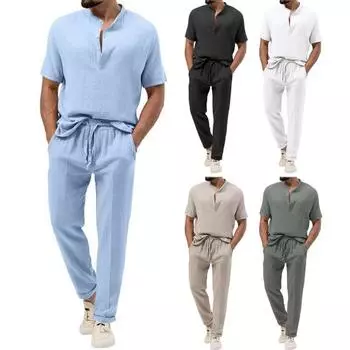 Комплект из 2 предметов: мужской летний наряд, воротник-стойка, пуговицы, вырез, короткий рукав, футболка, эластичный пояс, шнурок, карманы, длинные брюки XL темно-серого