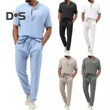 Комплект из 2 предметов: мужской летний наряд, воротник-стойка, пуговицы, вырез, короткий рукав, футболка, эластичный пояс, шнурок, карманы, длинные брюки XL темно-серого