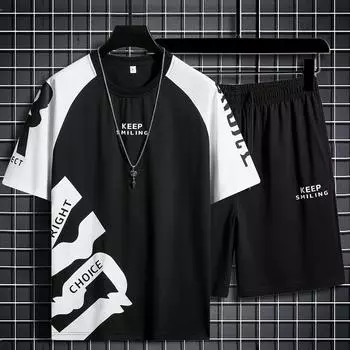 Комплект из 2 предметов мужской модной одежды: повседневная футболка с круглым вырезом и короткими рукавами и шорты на шнурке S