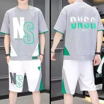 Комплект из 2 предметов мужской одежды, короткая футболка с круглым вырезом, эластичная талия, широкие рукава, карманы, шорты, свободный крой, буквенный принт L серый