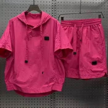 Комплект из 2 предметов мужской одежды, с капюшоном, завязывающимися на шнурок рукавами, карманами, эластичным поясом, короткими шортами, однотонный свободный спортивный костюм 3XL чёрный