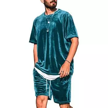Комплект из 2 предметов мужской одежды: топы с круглым вырезом и короткими рукавами, шорты на завязках на талии, однотонный бархатный уличный костюм S циан