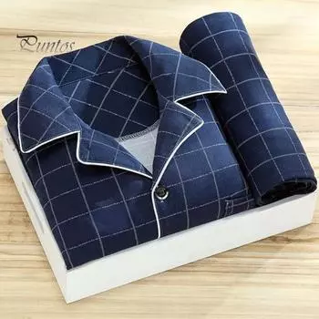 Комплект из 2 предметов мужской пижамы с клетчатым принтом, однобортная рубашка с длинным рукавом, эластичный пояс, длинные брюки, свободный крой, домашний костюм L темно-синий