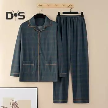 Комплект из 2 предметов мужской пижамы с клетчатым принтом, однобортная рубашка с длинным рукавом, эластичный пояс, длинные брюки, свободный крой, домашний костюм L темно-синий