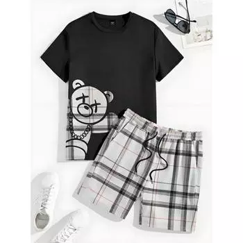 Комплект из 2 предметов, мужской повседневный комплект с принтом 3D Bear, мужской топ с короткими рукавами, клетчатый принт, мужские шорты, уличный модный комплект 4XL