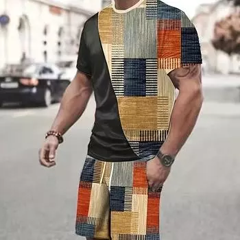 Комплект из 2 предметов мужской винтажной одежды в стиле колор-блок, мужская футболка с коротким рукавом и круглым вырезом и повседневные шорты, летний комплект для активного отдыха S