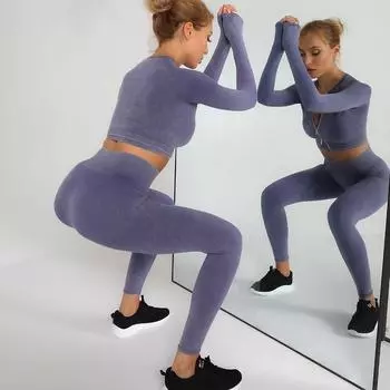 Комплект из 2 предметов на молнии для занятий спортом, быстросохнущие комплекты для йоги, футболки с длинным рукавом для фитнеса + длинные спортивные леггинсы с высокой талией S синий