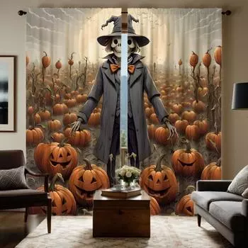 Комплект из 2 предметов, нашивка на Хэллоуин из тыквы, занавеска с изображением черепа, желтая завязка, цифровая печать, стиль для украшения дома, декор livi W52H63inchW132H160cm