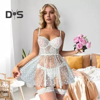 Комплект из 2 предметов: ночная рубашка, нижнее белье, прозрачное кружево, цветочная вышивка, А-силуэт, тонкий сетчатый бюстгальтер с аппликацией в виде сердца, одежда для сна в медовый месяц L белый