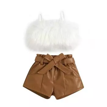 Комплект из 2 предметов однотонной одежды для малышей, укороченная пушистая меховая кофточка для девочек + кожаные шорты с поясом 2-3 Years белый