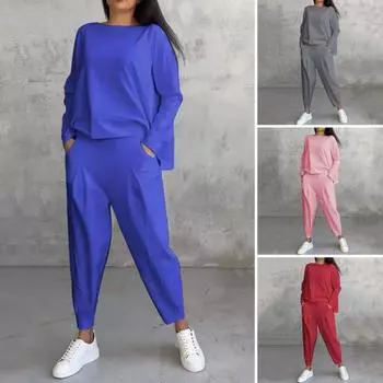 Комплект из 2 предметов: осенне-весенний женский топ, брюки, футболка с длинными рукавами и круглым вырезом, брюки с эластичной резинкой на талии 3XL синий