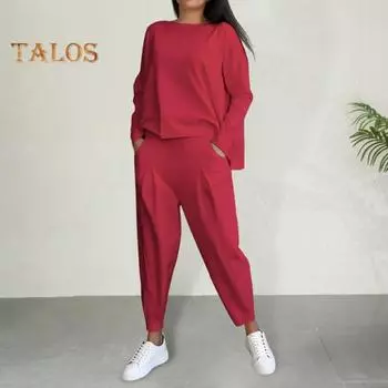 Комплект из 2 предметов: осенне-весенний женский топ, брюки, футболка с длинными рукавами и круглым вырезом, брюки с эластичной резинкой на талии и боковыми карманами, спортивный брючный костюм для поездок на работу 3XL синий