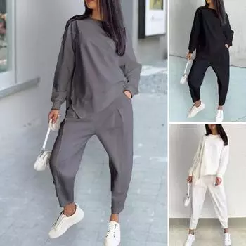 Комплект из 2 предметов: осенне-весенний женский топ и брюки, длинные рукава, круглый вырез, нестандартная футболка, эластичный пояс, брюки с боковыми карманами, OL, для поездок на работу и занятий спортом XXL чёрный