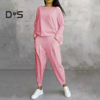 Комплект из 2 предметов: осенне-весенний женский топ, брюки, футболка с длинными рукавами и круглым вырезом, брюки с эластичной резинкой на талии и боковыми карманами, спортивный брючный костюм для поездок на работу 3XL синий