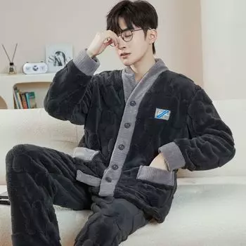 Комплект из 2 предметов осенне-зимняя фланелевая мужская пижама теплые длинные рукава длинные брюки плюс утолщенная домашняя одежда из бархата L