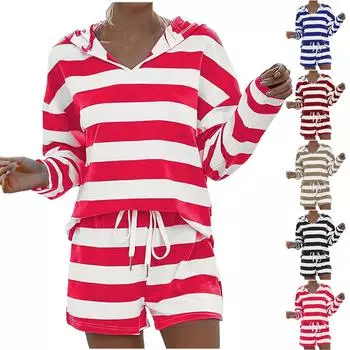 Комплект из 2 предметов: осенние повседневные толстовки с капюшоном, женские наряды, спортивный костюм, полосатая толстовка и повседневные шорты XL хаки