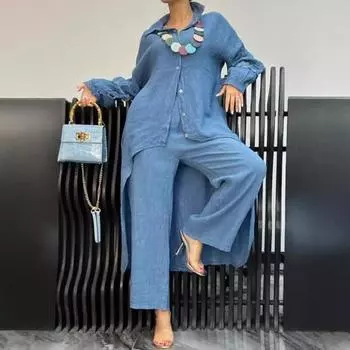 Комплект из 2 предметов: осенняя женская рубашка и брюки, длинные рукава, отвороты, кружевные манжеты, застежка на пуговицы, неровный подол, блузка с эластичной резинкой на талии, брюки, OL, спортивный брючный костюм для поездок на работу XXL белый