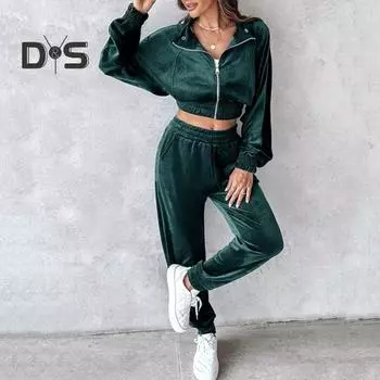 Комплект из 2 предметов: пальто и брюки, отложной воротник, длинный рукав, эластичный подол, золотистый бархат, куртка с высокой талией, брюки с резинкой на щиколотке, спортивный костюм для фитнеса S чёрный