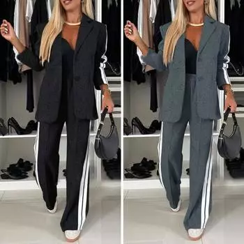 Комплект из 2 предметов: пальто и брюки, однобортный пиджак с отложным воротником и длинными рукавами, свободные полосатые брюки с широкими штанинами, повседневная одежда для поездок на работу XXL красный