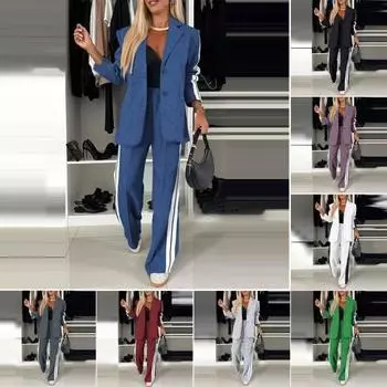 Комплект из 2 предметов: пальто и брюки для леди, однобортный пиджак с отложным воротником и длинными рукавами, свободные полосатые широкие брюки, повседневная одежда на каждый день XXXL синий