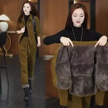 Комплект из 2 предметов: пальто и брюки, толстая плюшевая подкладка, однобортный пиджак с отложным воротником и длинными рукавами, эластичный пояс на завязках, зимний брючный костюм L красный