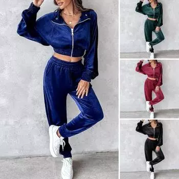 Комплект из 2 предметов: пальто и брюки, отложной воротник, длинный рукав, эластичный подол, золотистый бархат, куртка с высокой талией, брюки с резинкой на щиколотке, спортивный костюм для фитнеса S зелёный