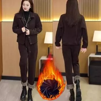 Комплект из 2 предметов: пальто и брюки, однобортный, с толстой плюшевой подкладкой, отложной воротник M кофейный