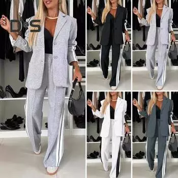 Комплект из 2 предметов: пальто и брюки, однобортный пиджак с отложным воротником и длинными рукавами, свободные полосатые брюки с широкими штанинами, повседневная одежда для поездок на работу M белый