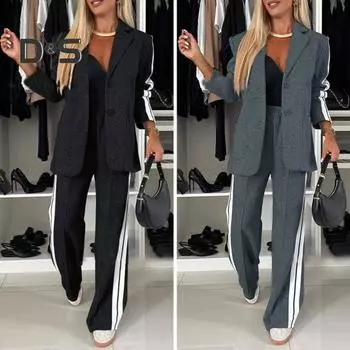 Комплект из 2 предметов: пальто и брюки, однобортный пиджак с отложным воротником и длинными рукавами, свободные полосатые брюки с широкими штанинами, повседневная одежда для поездок на работу L белый