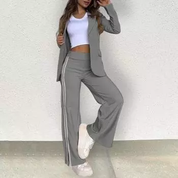 Комплект из 2 предметов: пальто и брюки для леди, отложной воротник, длинные рукава, свободные полосатые брюки с широкими разрезами, повседневная одежда для поездок на работу XL чёрный