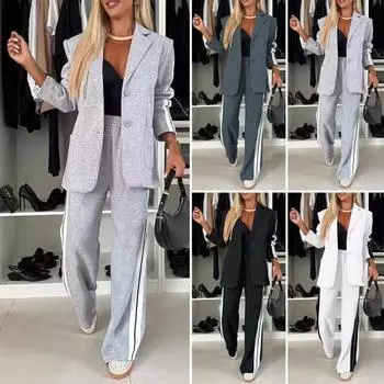 Комплект из 2 предметов: пальто и брюки, однобортный пиджак с отложным воротником и длинными рукавами, свободные полосатые брюки с широкими штанинами, повседневная одежда для поездок на работу M чёрный