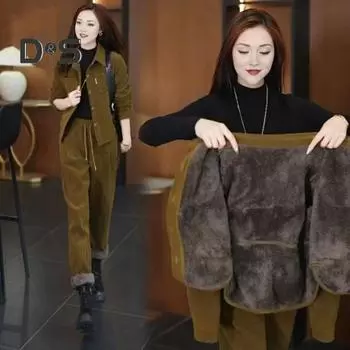 Комплект из 2 предметов: пальто и брюки, толстая плюшевая подкладка, однобортный пиджак с отложным воротником и длинными рукавами, эластичный пояс на завязках, зимний теплый брючный костюм M чёрный