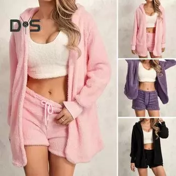 Комплект из 2 предметов: пальто, шорты, комплект из толстой плюшевой домашней одежды, с капюшоном, длинными рукавами, открытая строчка, теплая куртка, шорты на эластичной резинке на талии XL фиолетовый