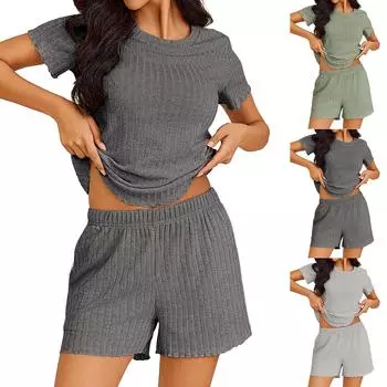 Комплект из 2 предметов Пижама для женщин Карманы Футболка Топы и штаны Повседневный комплект S чёрный