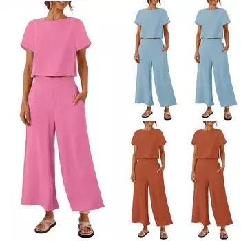 Комплект из 2 предметов Пижама для женщин Карманы Футболка Топы и штаны Повседневный комплект M чёрный