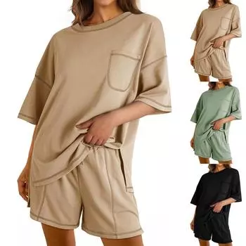 Комплект из 2 предметов Пижама для женщин Карманы Футболка Топы и штаны Повседневный комплект M чёрный