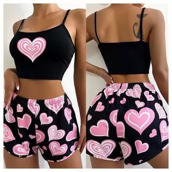 Комплект из 2 предметов: пижама на подтяжках для женщин, облегающий жилет, эластичные брюки на талии, милая домашняя одежда для девочек, повседневная, удобная домашняя одежда S розовый