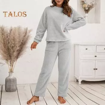 Комплект из 2 предметов: пижамный комплект осень-зима, повседневный комплект из топа и брюк, топ с круглым вырезом и длинными рукавами, эластичный пояс, спортивный костюм, повседневная одежда, одежда для сна S розовый