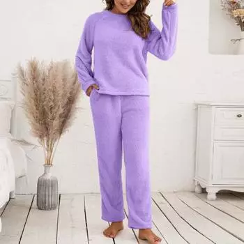 Комплект из 2 предметов: пижамный комплект осень-зима, повседневный комплект из топа и брюк, топ с круглым вырезом и длинными рукавами, эластичный пояс, спортивный костюм, повседневная одежда, одежда для сна S чёрный