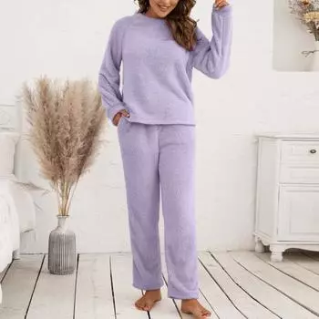 Комплект из 2 предметов: пижамный комплект осень-зима, повседневный комплект из топа и брюк, топ с круглым вырезом и длинными рукавами, эластичный пояс, спортивный костюм, повседневная одежда, одежда для сна S чёрный