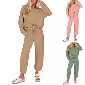 Комплект из 2 предметов: пижамы для женщин, топы, футболка и длинные брюки, повседневный комплект M зелёный