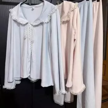 Комплект из 2 предметов пижамы из бархата, пижама в стиле принцессы, домашняя одежда для женщин, симпатичная кружевная отделка, домашняя одежда, топы, брюки, домашняя одежда M розовый