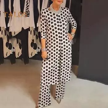 Комплект из 2 предметов: платье, брюки, горошек, круглый вырез, длинные рукава, разрез, низ, платье миди, прямые, широкие брюки, облегающий крой, повседневная одежда S белый