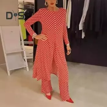 Комплект из 2 предметов: платье, брюки, горошек, круглый вырез, длинные рукава, разрез, низ, платье миди, прямые, широкие брюки, облегающий крой, повседневная одежда S чёрный